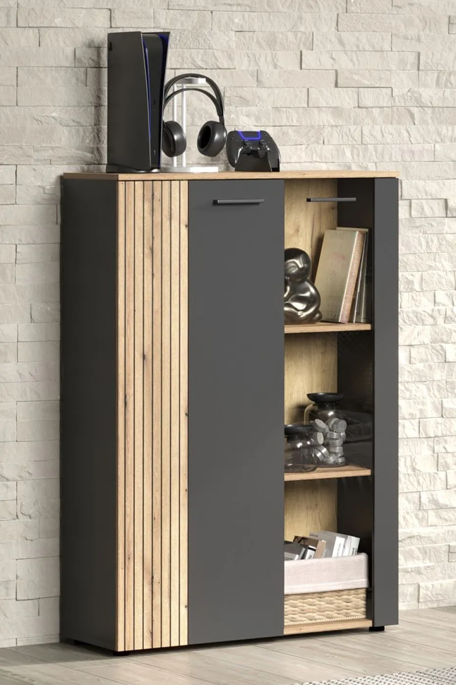 Highboard Esteban | Anthrazit / Coast Evoke Oak 3 Set LED Unterbauspot