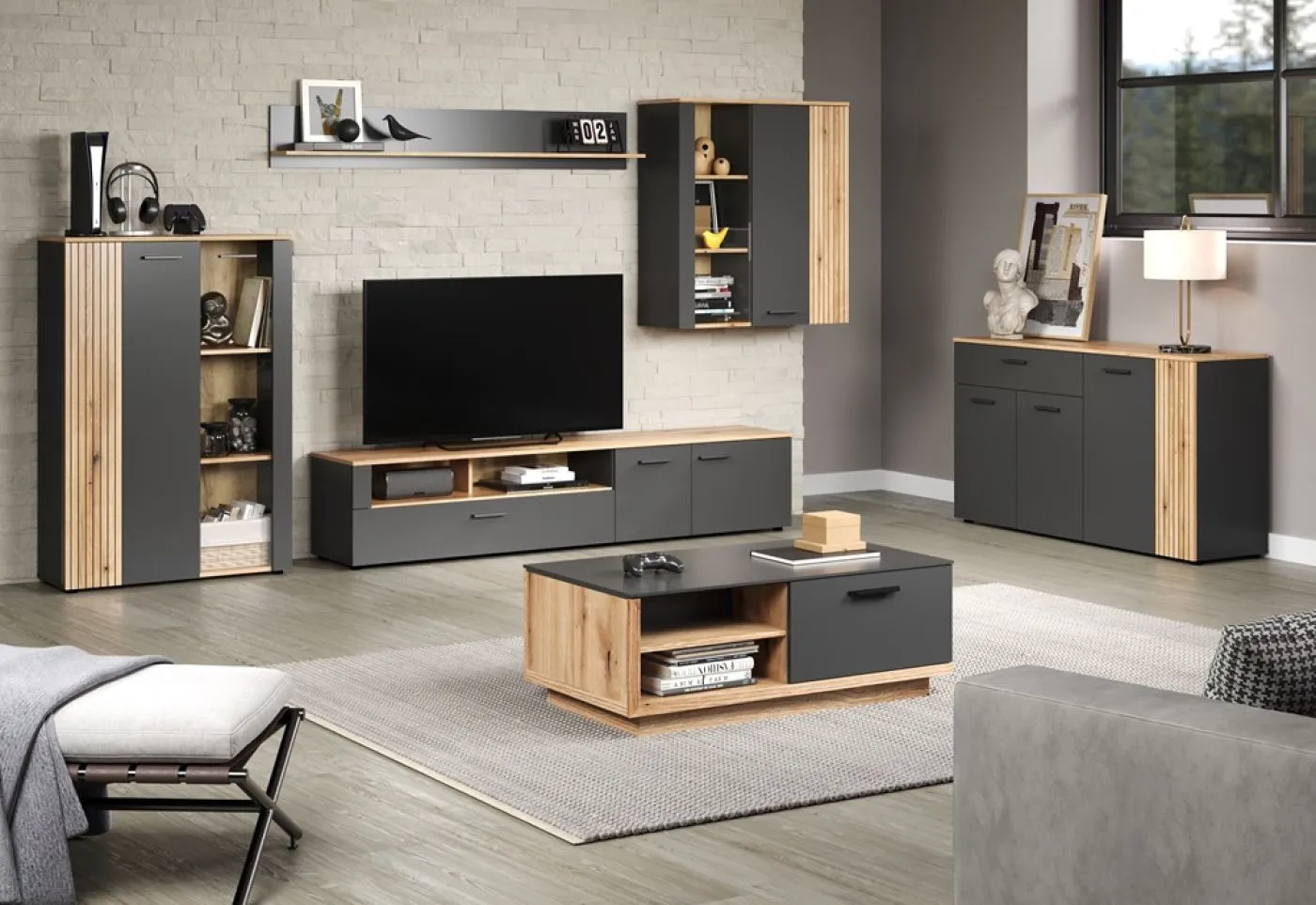 Highboard Esteban | Anthrazit / Coast Evoke Oak ohne Beleuchtung
