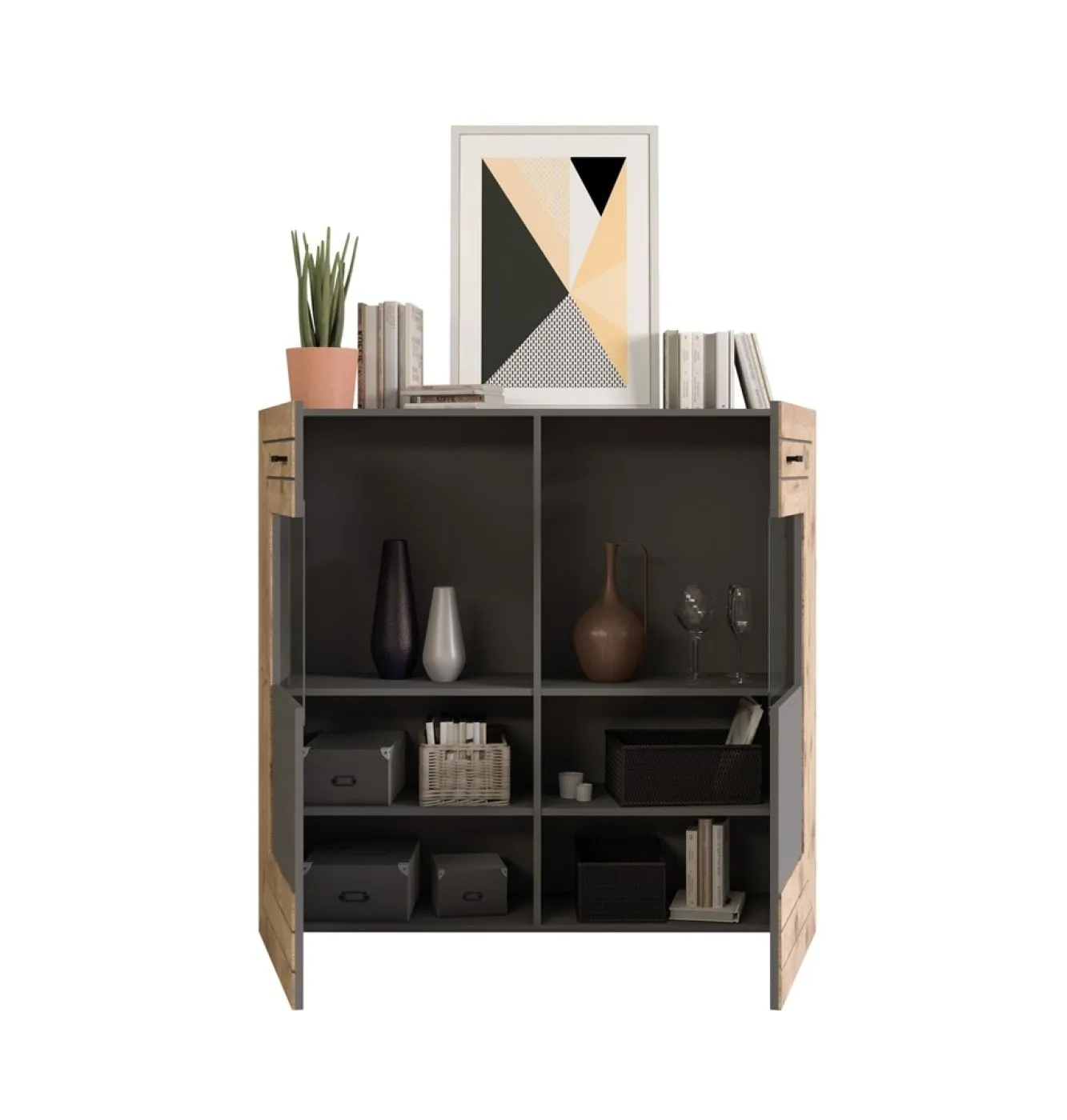 Highboard Freno | grau matt / Nox Oak | ohne Beleuchtung