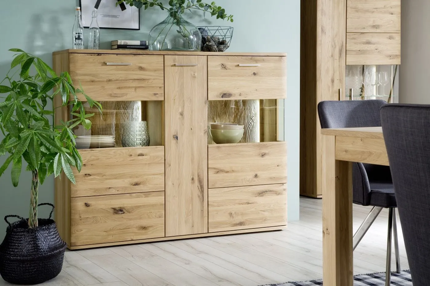 Highboard groß Santori | Eiche Bianco | LED Beleuchtung