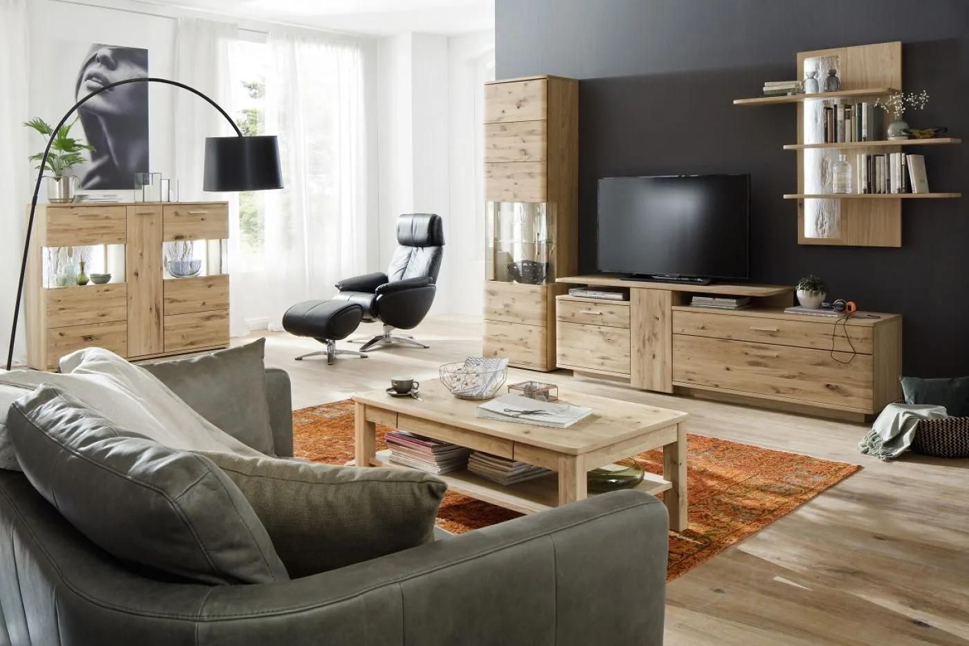 Highboard groß Santori | Eiche Bianco | LED Beleuchtung