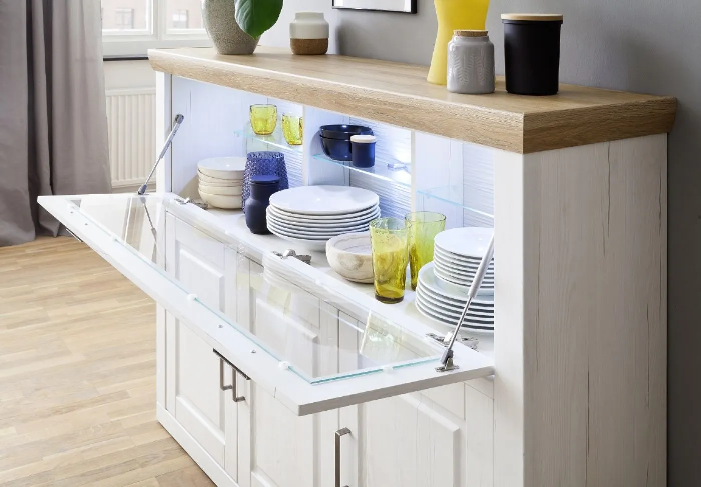Highboard I Brixen | Landhaus modern | Pinie Aurelio / Grandson Oak mit 3er Set LED Unterbauspot