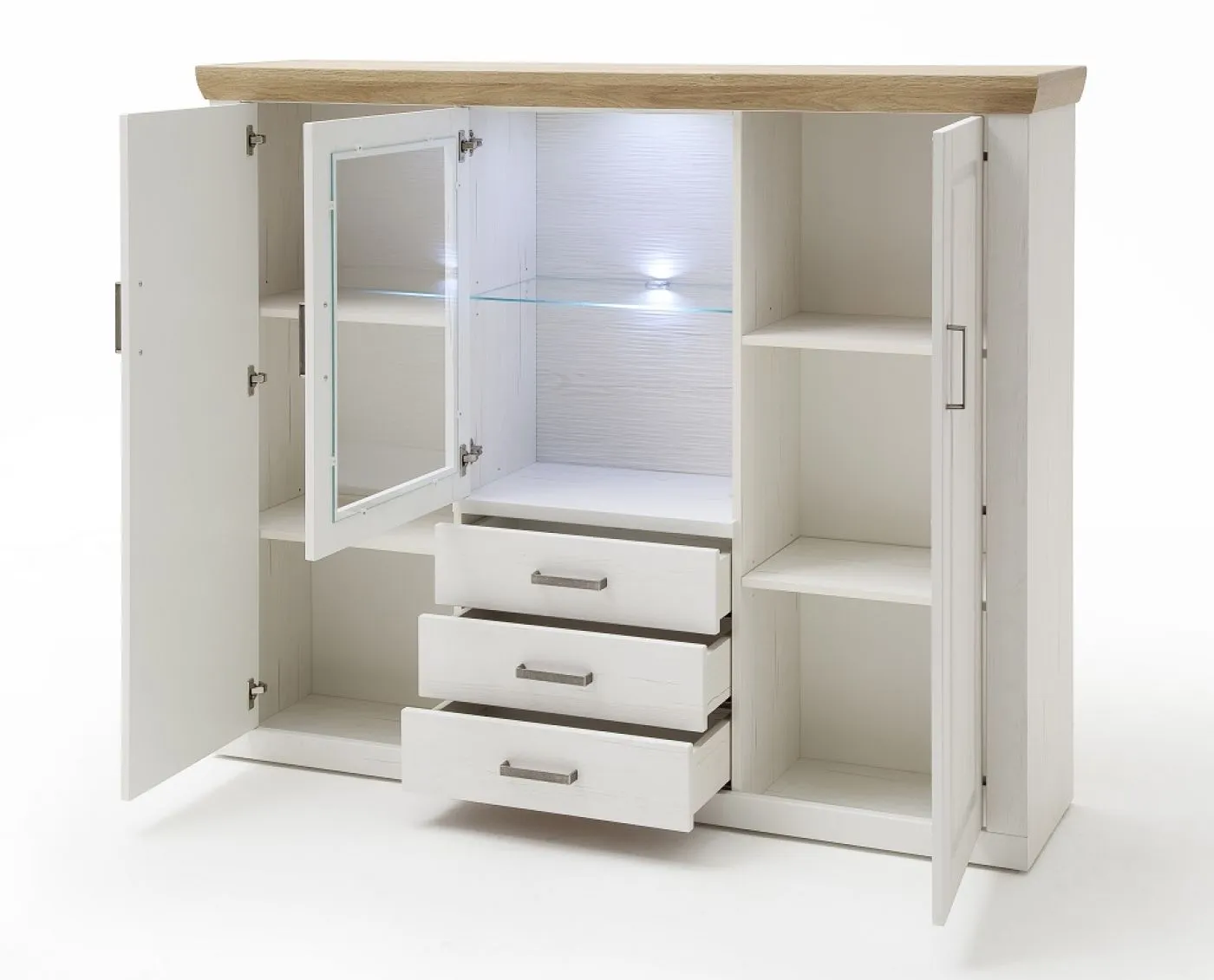 Highboard III Brixen | Landhaus modern | Pinie Aurelio / Grandson Oak mit 1er Set LED Unterbauspot