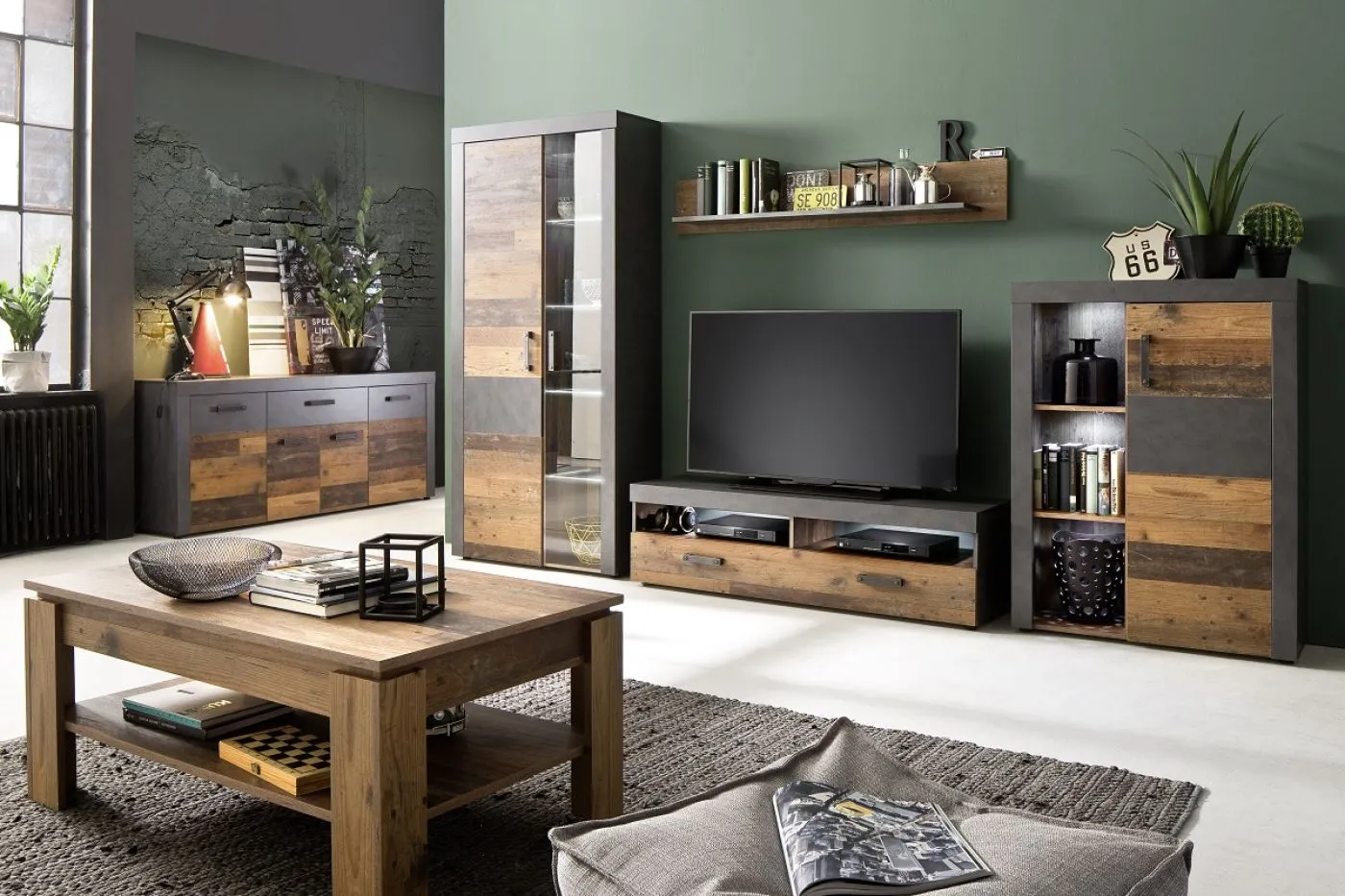 Highboard Kommode Indy | Old Used Wood / Matera grau | Shabby Look ohne Beleuchtung