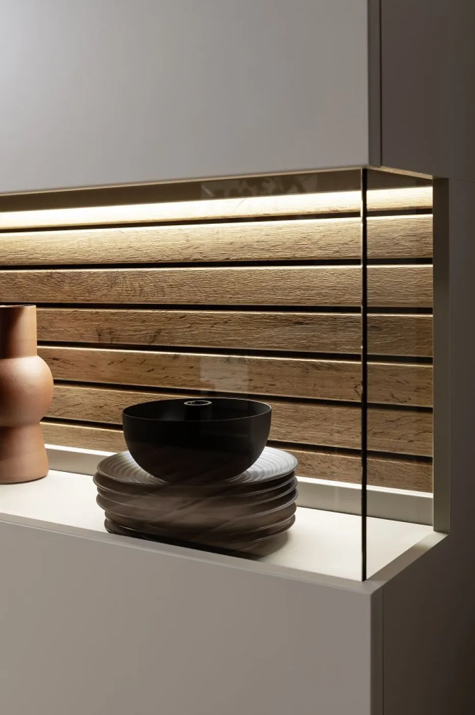 Highboard Lüttich 2 | Basalt / Wotan Eiche | mit Bandbeleuchtung