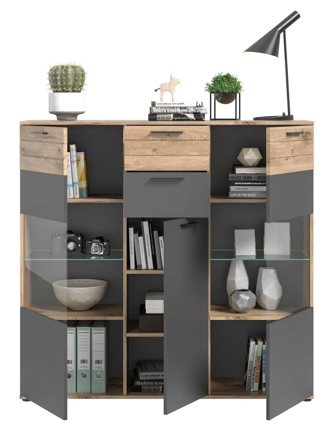 Highboard Mason | Nox Oak / Basalt Grau mit 2er Set LED Glasbodenclips