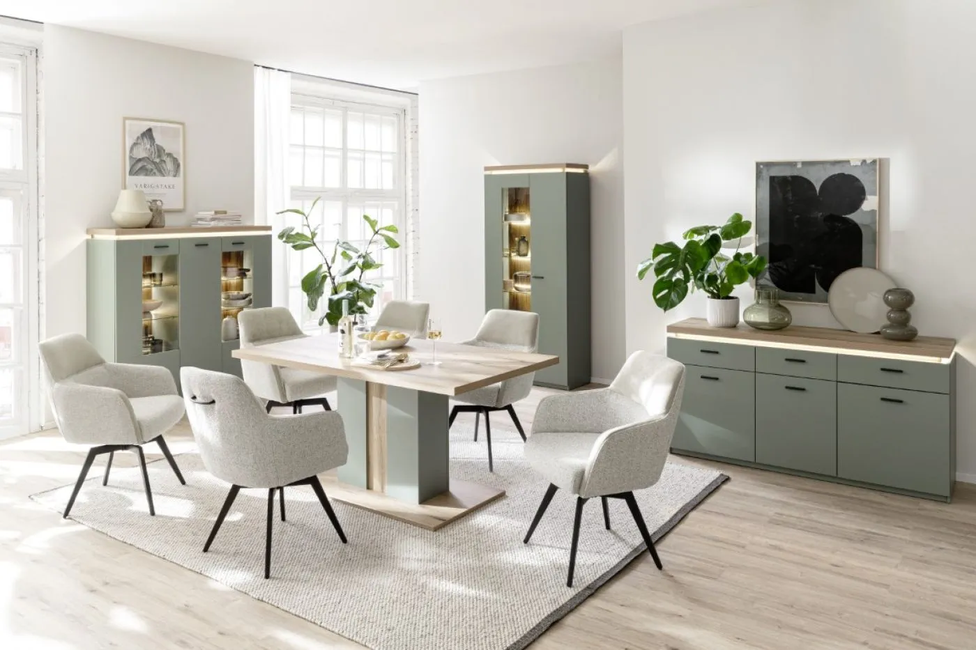 Highboard Moniz | Salbei grün / Eiche Evoke | ohne Beleuchtung