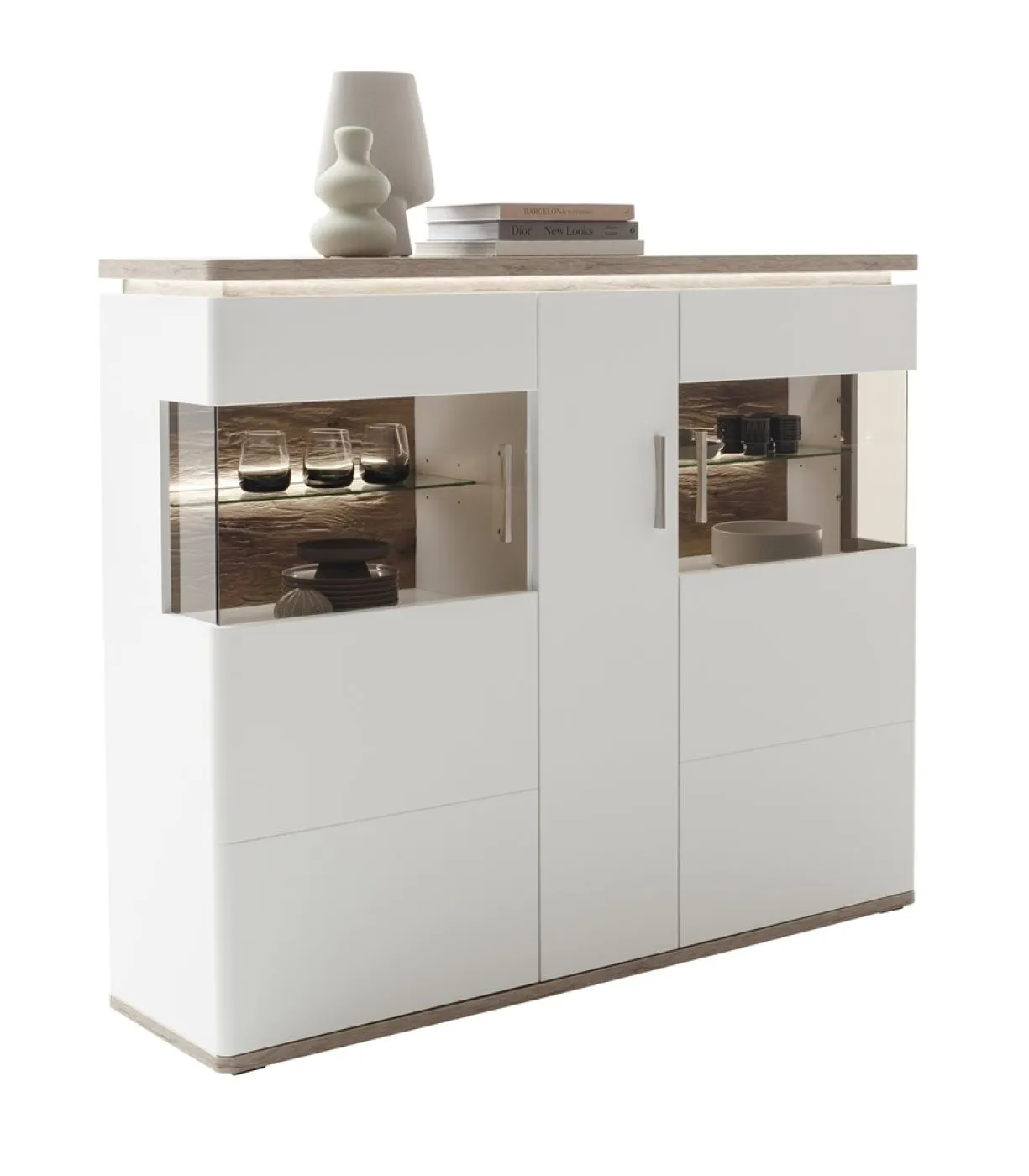 Highboard Palermo | Soft white / Viking Oak | LED Beleuchtung