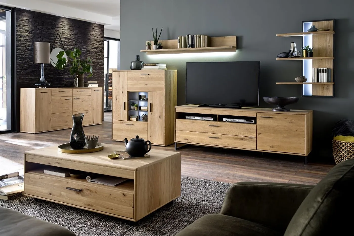 Highboard Portland | Asteiche Bianco massiv | ohne Beleuchtung