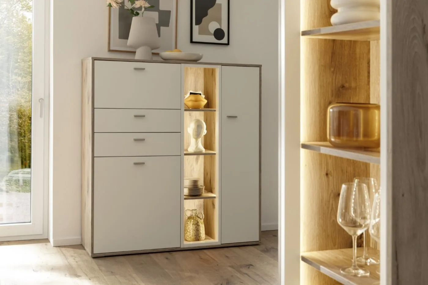 Highboard Santerno | Soft white / Viking Oak | mit Beleuchtung