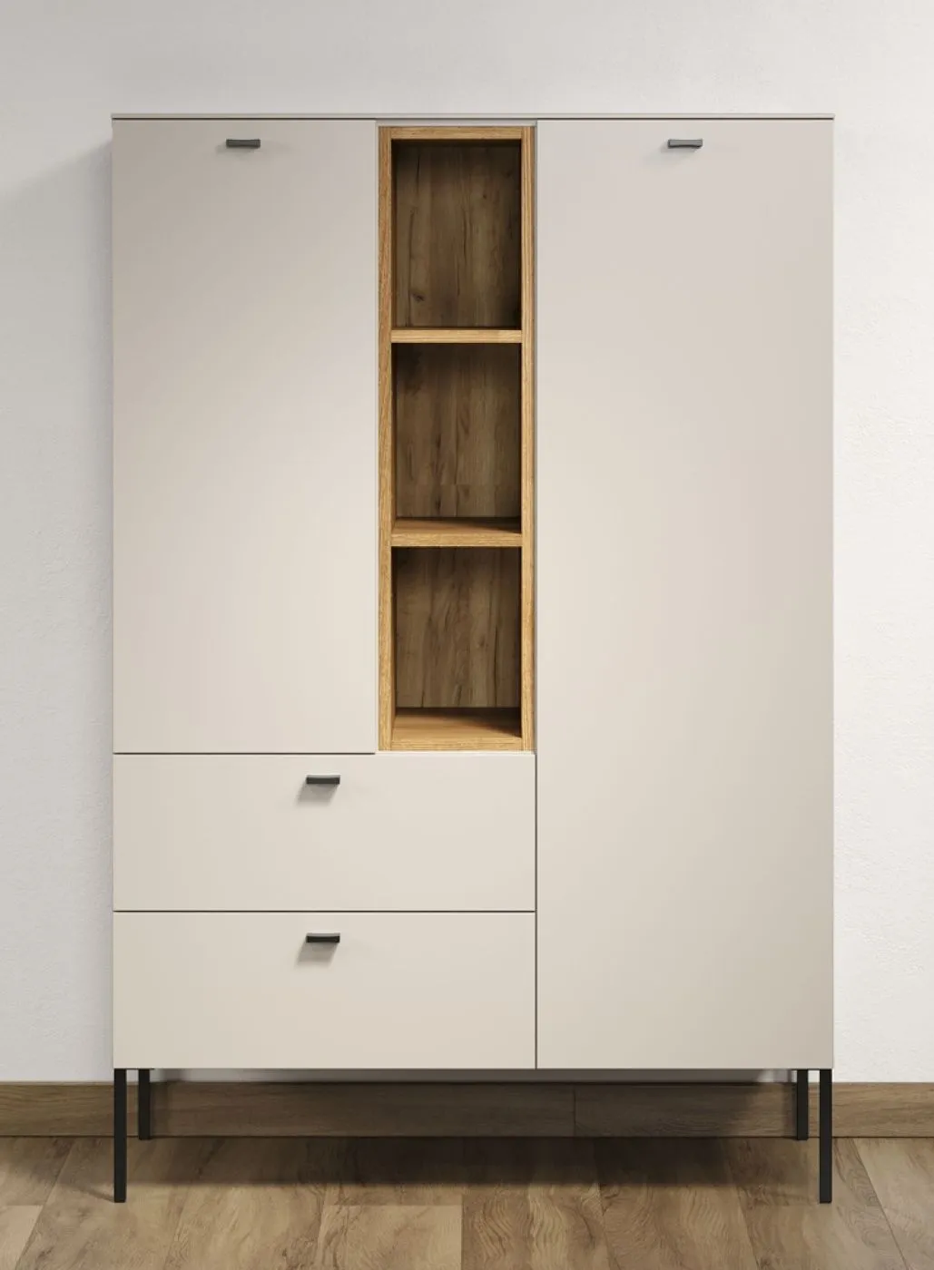 Highboard Sao Paulo, Kaschmir Dekor, Offene Mittelnische mit 3 Böden, 2 Schubkästen unten, Metallfüße – Ansicht 3