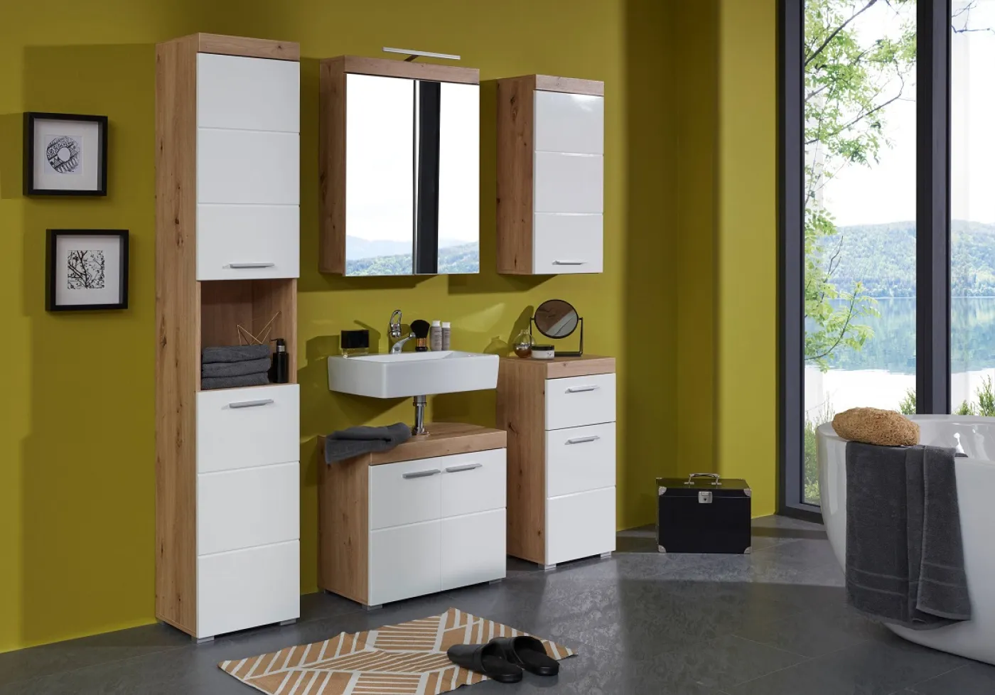 Hochschrank Amanda | weiß Hochglanz / Eiche Asteiche