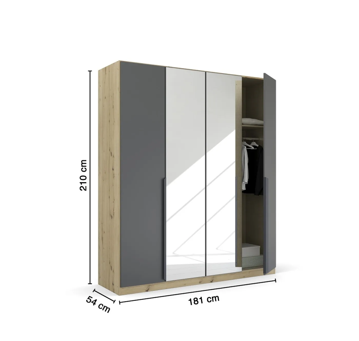 Kleiderschrank Drehtürenschrank Dark&Wood | 4-türig | mit Spiegeltüren | grau metallic / Eiche Artisan | 181x210