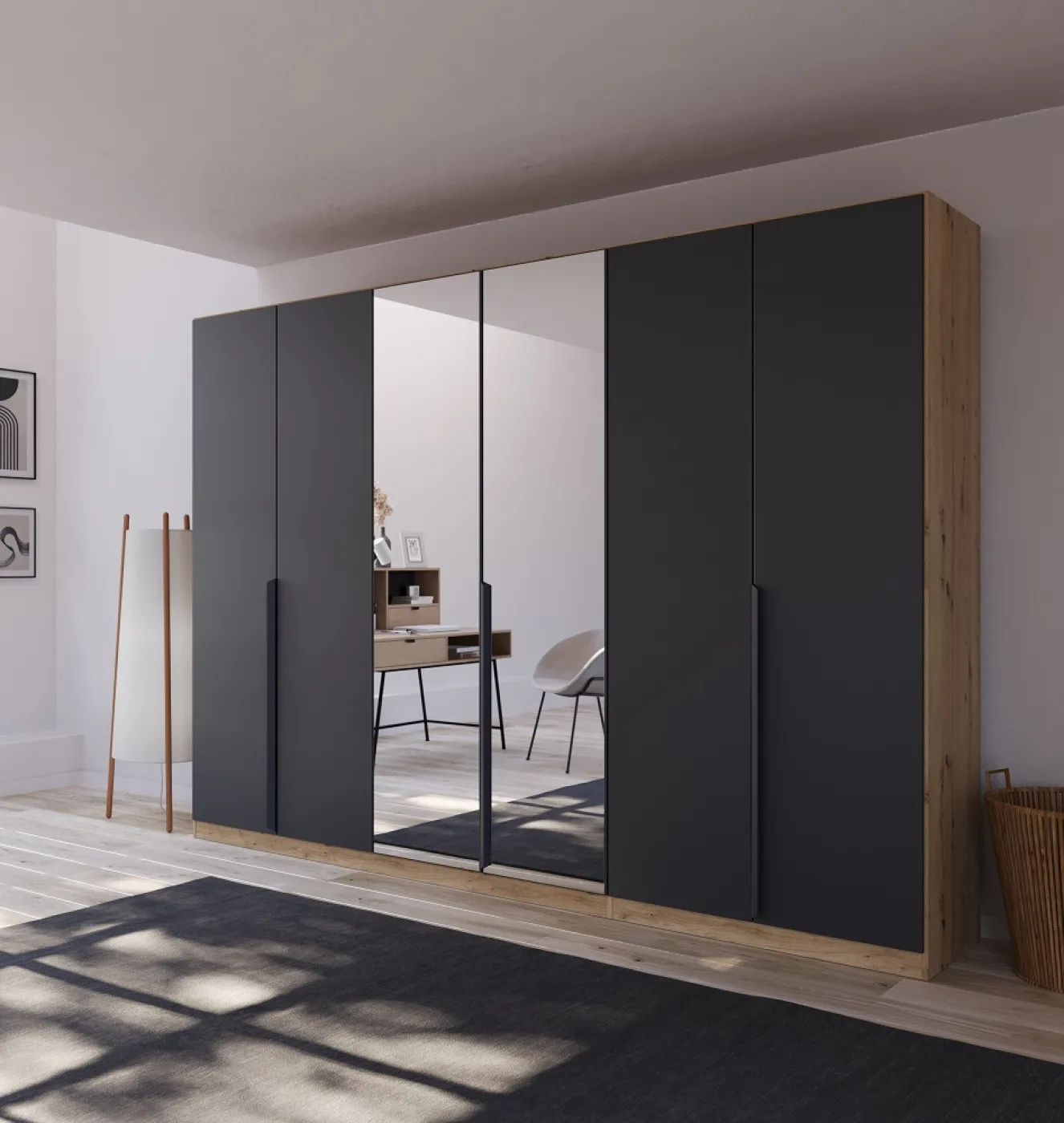 Kleiderschrank Drehtürenschrank Dark&Wood | 5-türig | mit Spiegeltüren | grau metallic / Eiche Artisan | 226x210