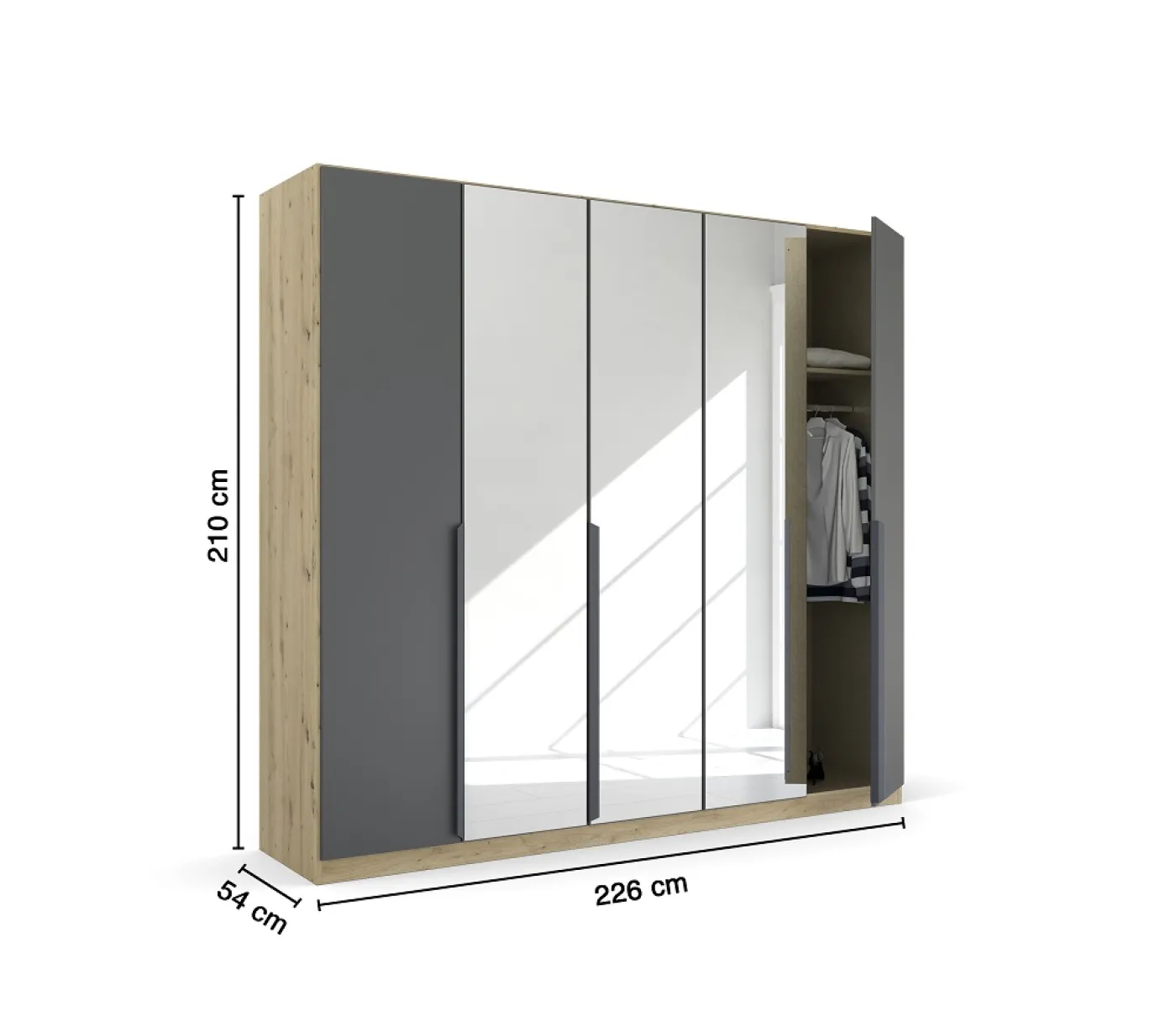 Kleiderschrank Drehtürenschrank Dark&Wood | 5-türig | mit Spiegeltüren | grau metallic / Eiche Artisan | 226x210