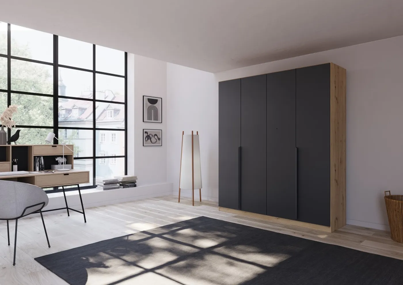 Kleiderschrank Drehtürenschrank Dark&Wood | grau metallic / Eiche Artisan | verschiedene Größen