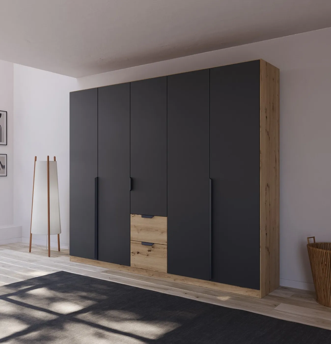 Kleiderschrank Drehtürenschrank Dark&Wood | mit Schubkästen | grau metallic / Eiche Artisan | verschiedene Größen