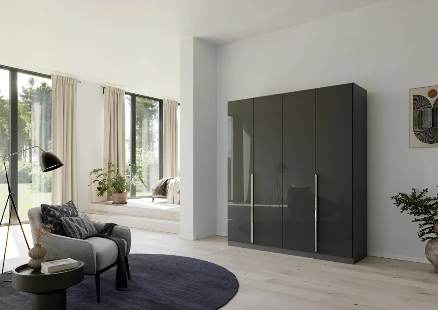 Kleiderschrank Drehtürenschrank Glamour | 4-türig | effektgrau Hochglanz / grau metallic 181x210