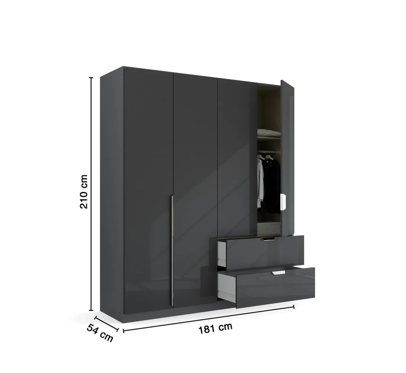 Kleiderschrank Drehtürenschrank Glamour | 4-türig | mit Schubkästen | effektgrau Hochglanz / grau metallic | 181x210