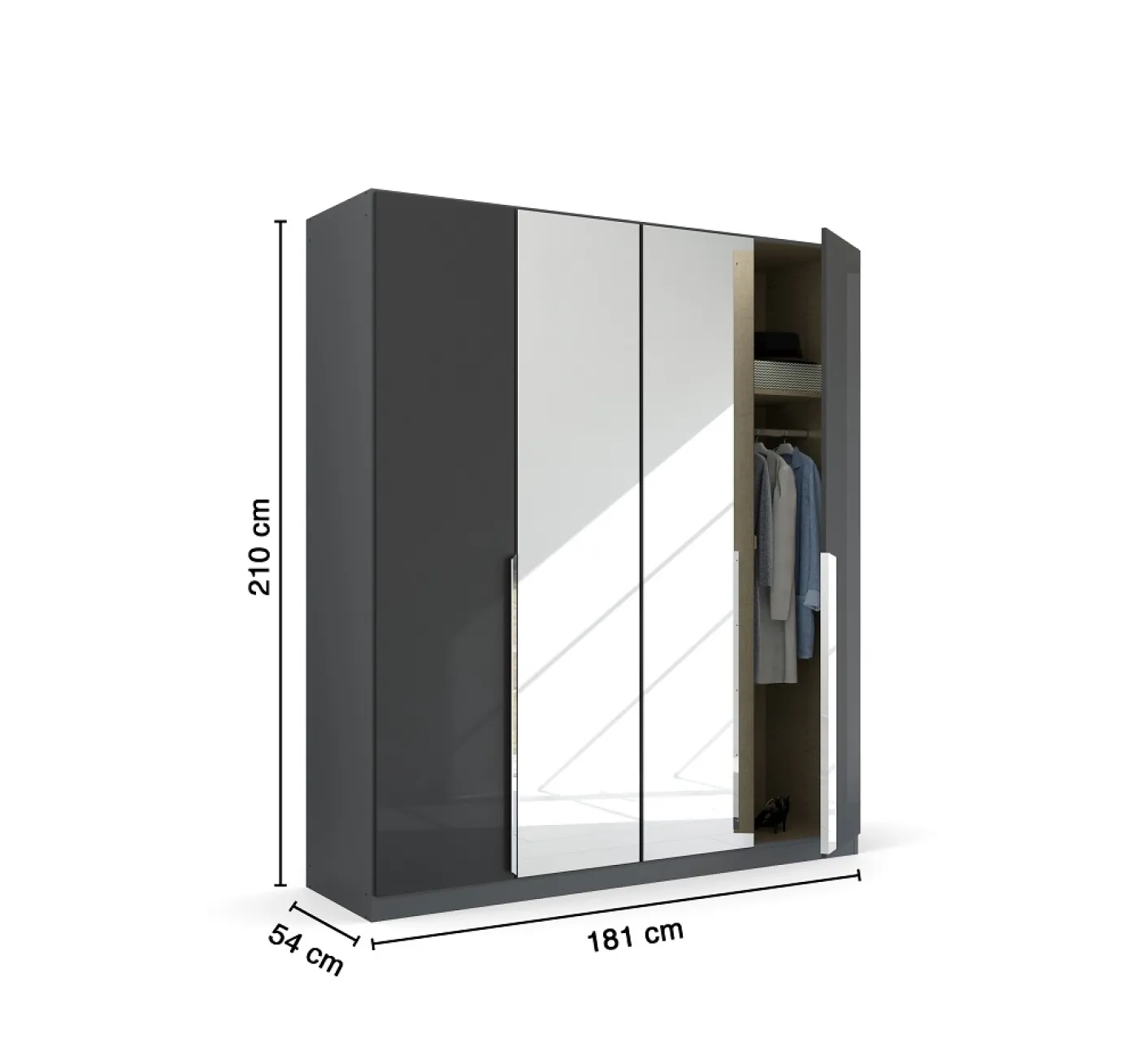 Kleiderschrank Drehtürenschrank Glamour | 4-türig | mit Spiegeltüren | effektgrau Hochglanz / grau metallic | 181x210
