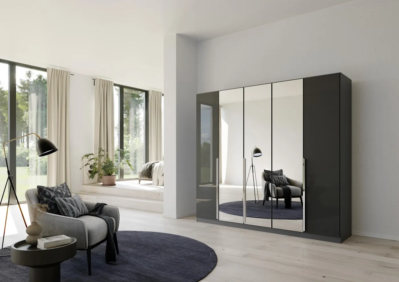 Kleiderschrank Drehtürenschrank Glamour | 5-türig | mit Spiegeltüren | effektgrau Hochglanz / grau metallic | 226x210