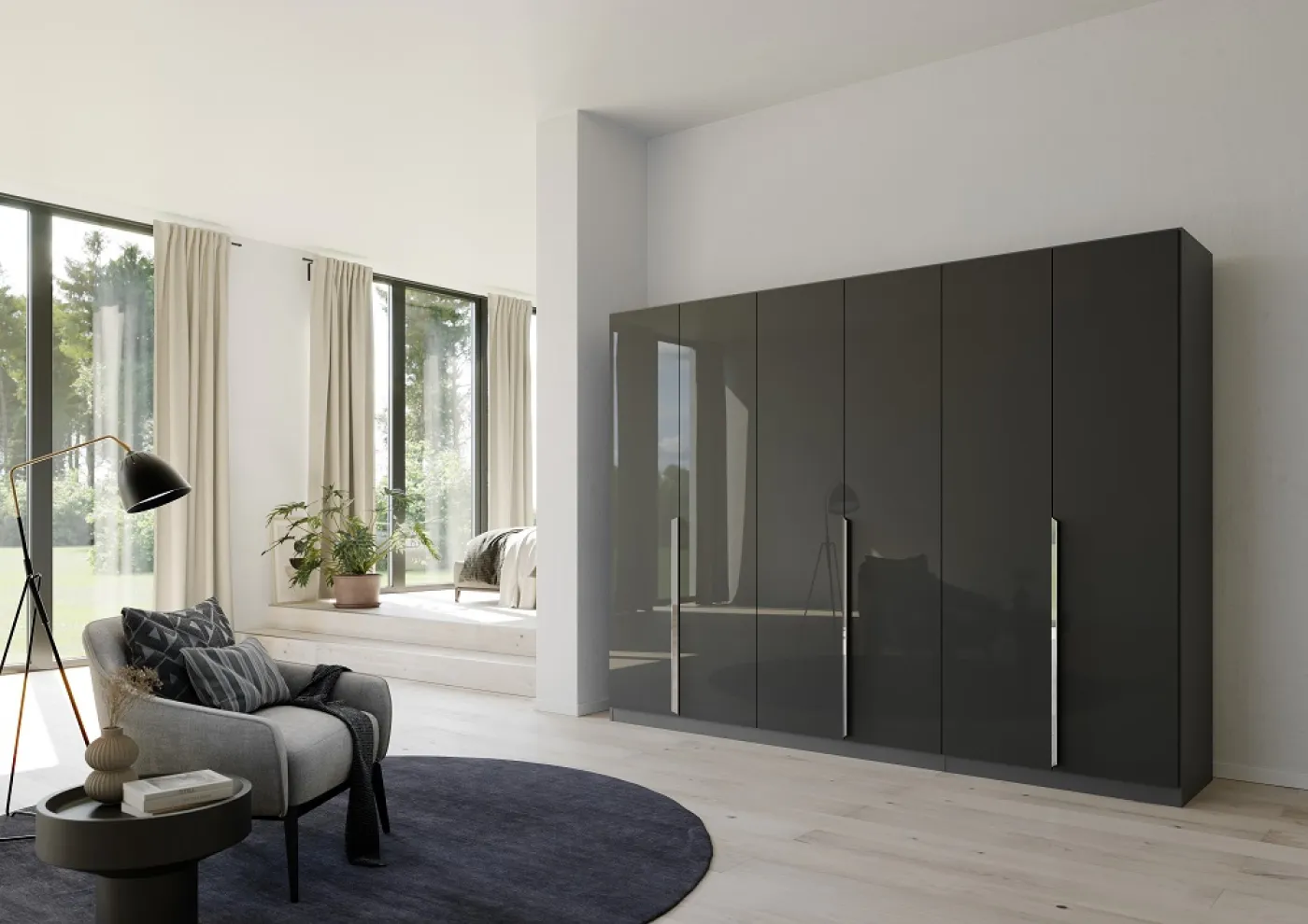 Kleiderschrank Drehtürenschrank Glamour | 6-türig | effektgrau Hochglanz / grau metallic 271x210