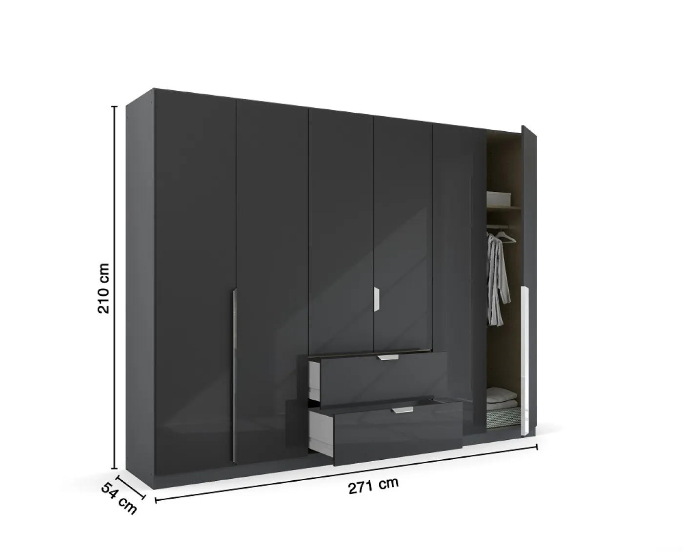 Kleiderschrank Drehtürenschrank Glamour | 6-türig | mit Schubkästen | effektgrau Hochglanz / grau metallic | 271x210