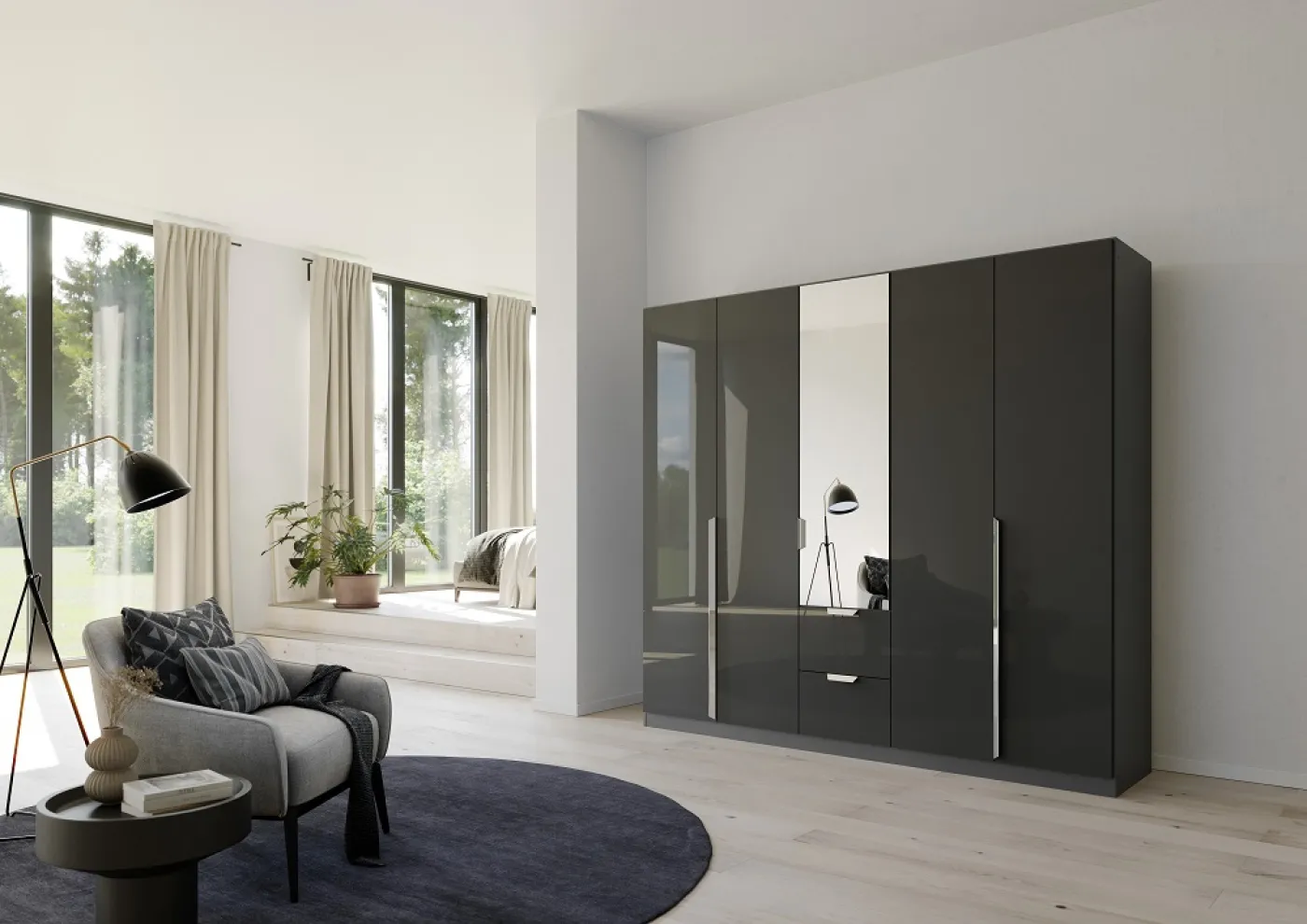 Kleiderschrank Drehtürenschrank Glamour | mit Spiegeltüren & Schubkästen | effektgrau Hochglanz / grau metallic | verschiedene Größen