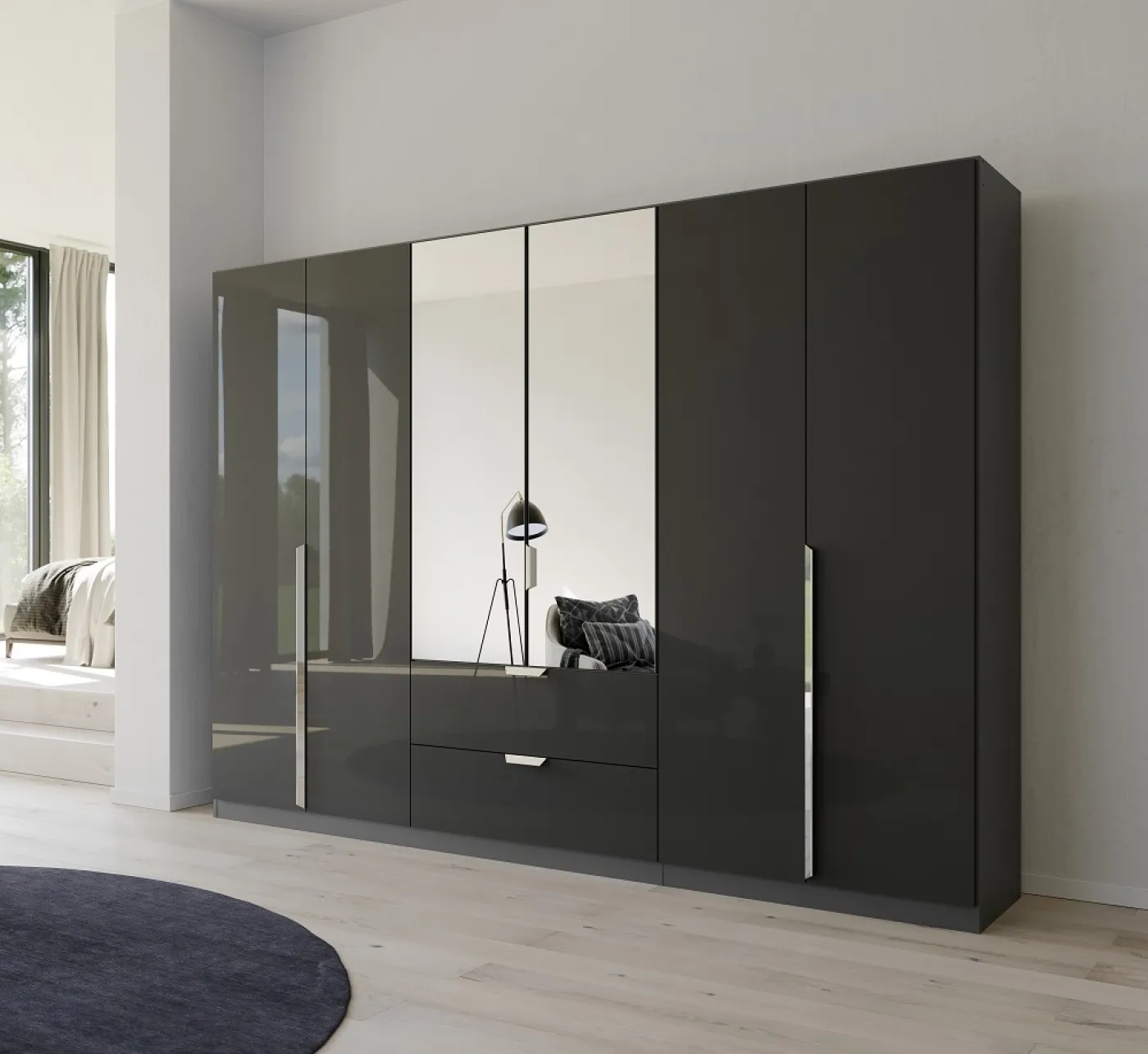 Kleiderschrank Drehtürenschrank Glamour | mit Spiegeltüren & Schubkästen | effektgrau Hochglanz / grau metallic | verschiedene Größen