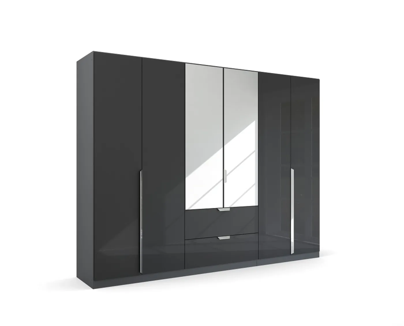 Kleiderschrank Drehtürenschrank Glamour | mit Spiegeltüren & Schubkästen | effektgrau Hochglanz / grau metallic | verschiedene Größen