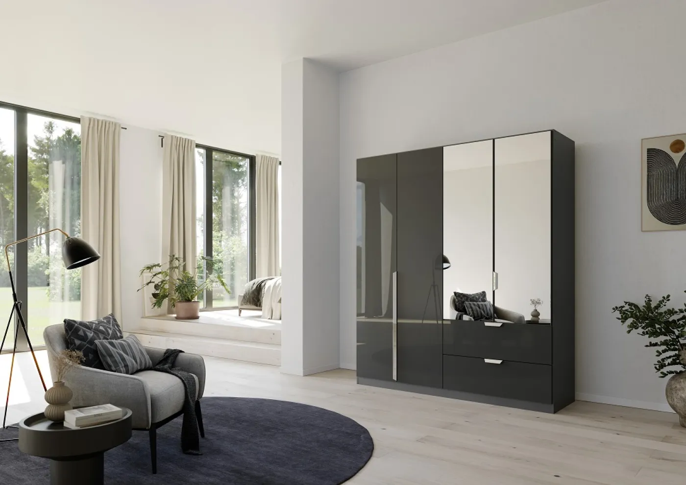 Kleiderschrank Drehtürenschrank Glamour | mit Spiegeltüren & Schubkästen | effektgrau Hochglanz / grau metallic | verschiedene Größen