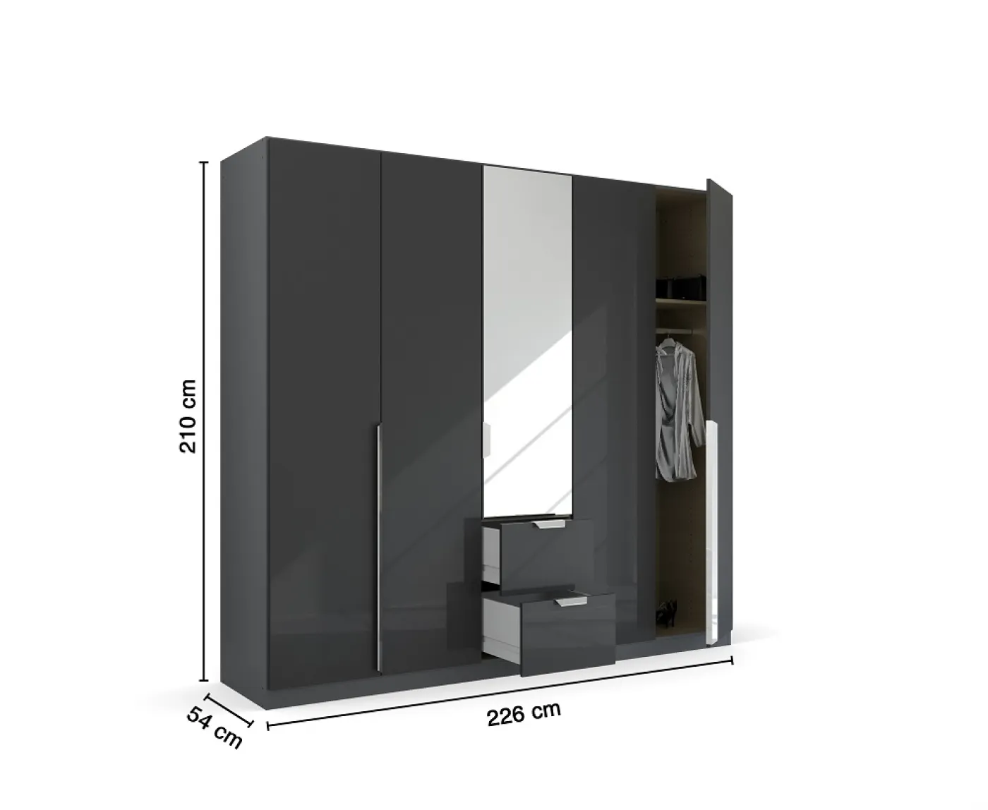 Kleiderschrank Drehtürenschrank Glamour | mit Spiegeltüren & Schubkästen | effektgrau Hochglanz / grau metallic | verschiedene Größen