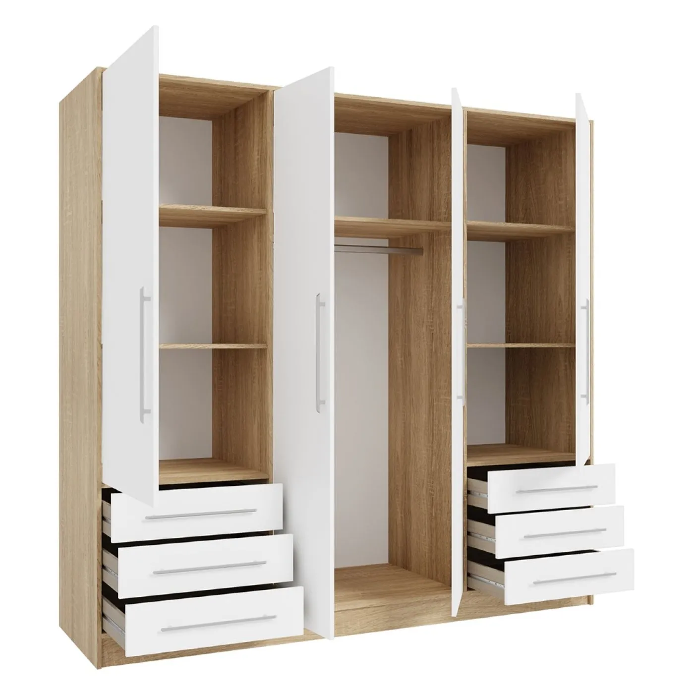 Kleiderschrank Drehtürenschrank Jupp | 4-türig | mit Schubkästen | Sonoma Eiche / weiß | 206,5 x 200 x 60 cm