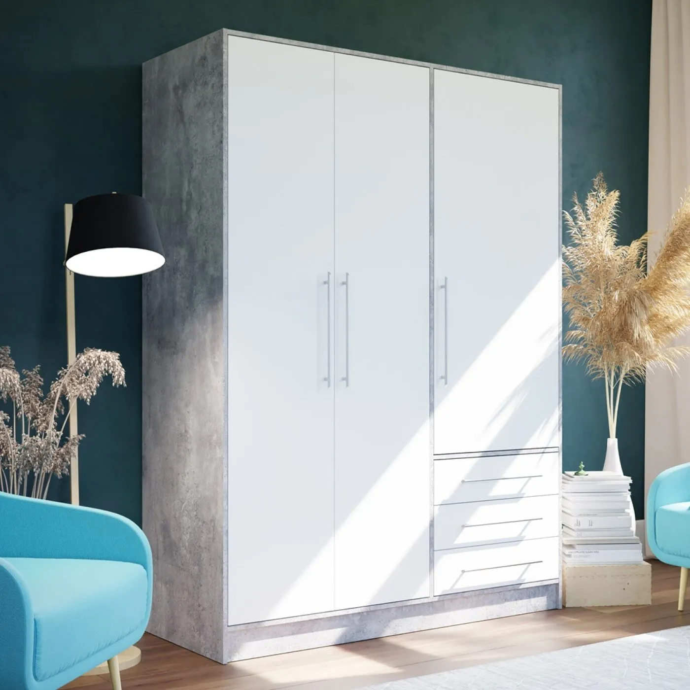 Kleiderschrank Drehtürenschrank Jupp | mit Schubkästen | Betonoptik Lichtgrau / weiß | 144,6 x 200 x 60 cm Sanduhrgriff