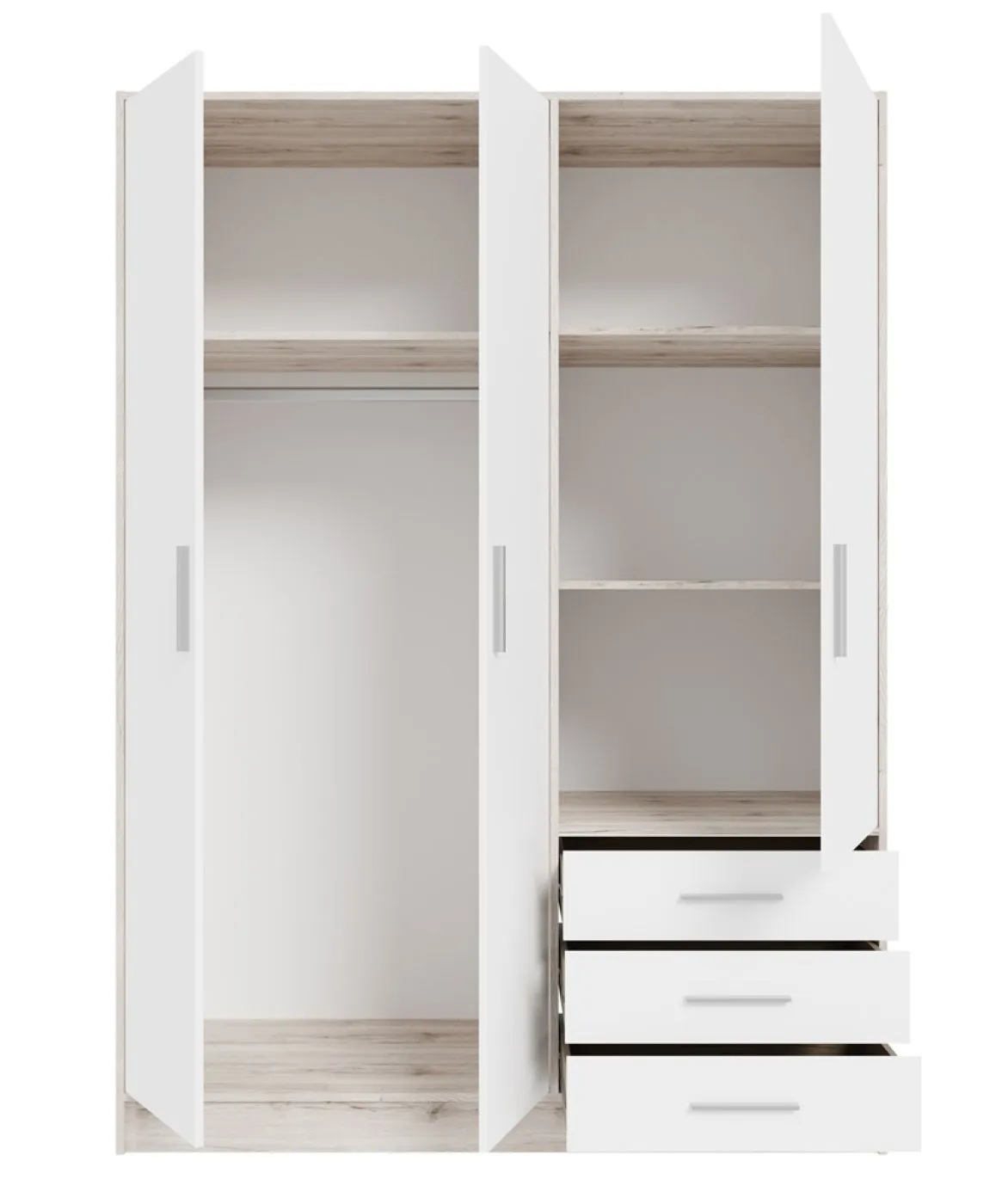 Kleiderschrank Drehtürenschrank Jupp | mit Schubkästen | Sandeiche / weiß | 144,6 x 200 x 60 cm | Sanduhrgriff