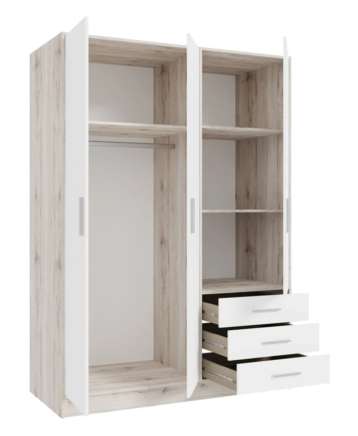 Kleiderschrank Drehtürenschrank Jupp | mit Schubkästen | Sandeiche / weiß | 144,6 x 200 x 60 cm | Sanduhrgriff