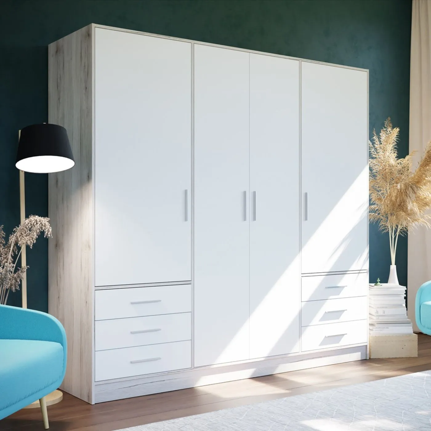 Kleiderschrank Drehtürenschrank Jupp | mit Schubkästen | Sandeiche / weiß | 206,5 x 200 x 60 cm Kantengriff