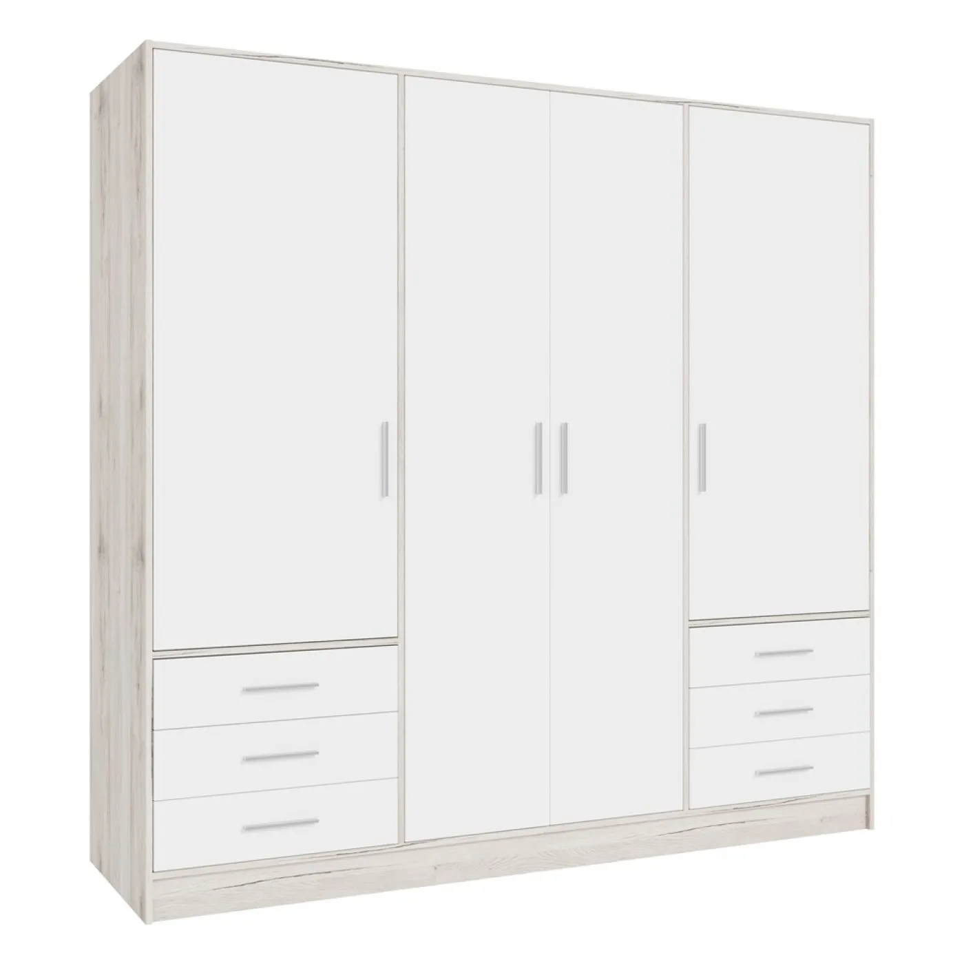 Kleiderschrank Drehtürenschrank Jupp | mit Schubkästen | Sandeiche / weiß | 206,5 x 200 x 60 cm Sanduhrgriff