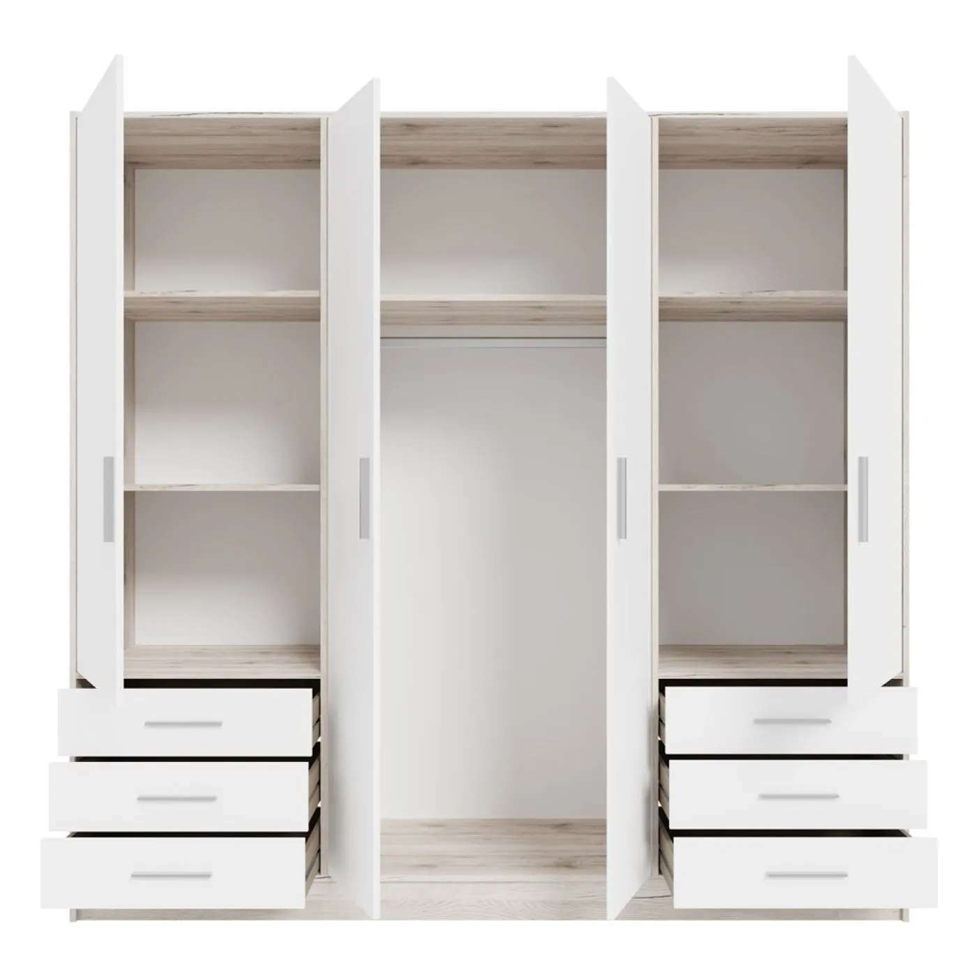 Kleiderschrank Drehtürenschrank Jupp | mit Schubkästen | Sandeiche / weiß | 206,5 x 200 x 60 cm Sanduhrgriff