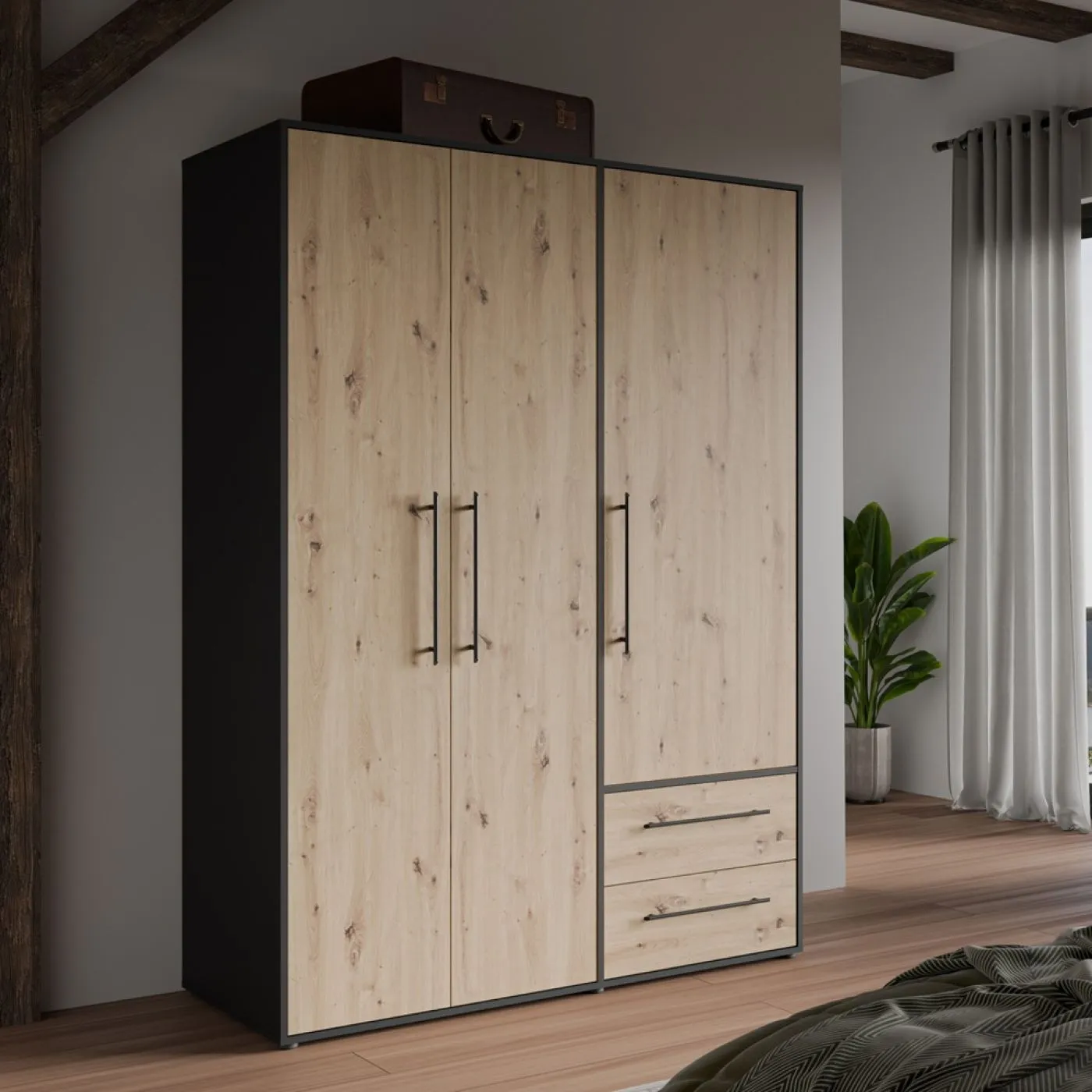 Kleiderschrank Drehtürenschrank Mokko | mit Schubkästen | schwarz / Artisan Eiche | 144,4 x 200 x 59 cm