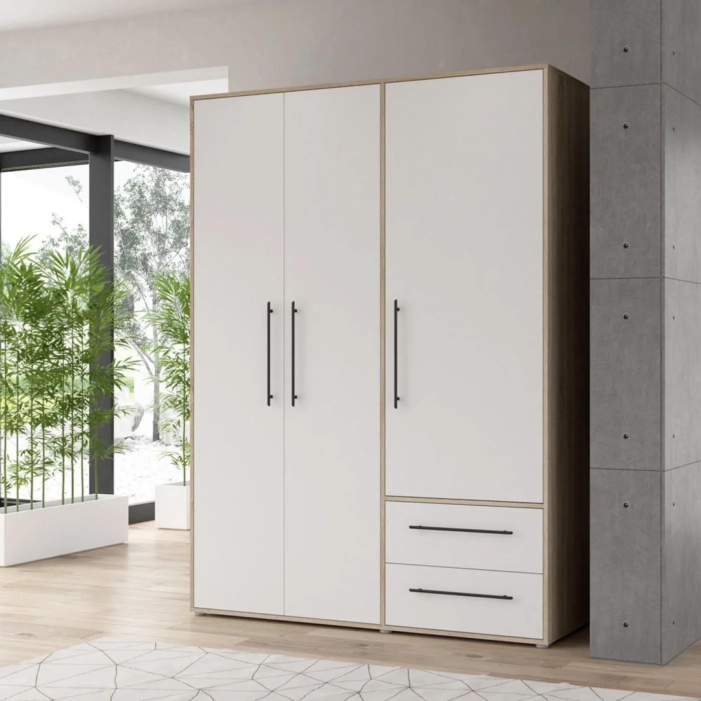 Kleiderschrank Drehtürenschrank Mokko | mit Schubkästen | Sonoma Eiche / weiß | 144,4 x 200 x 59 cm