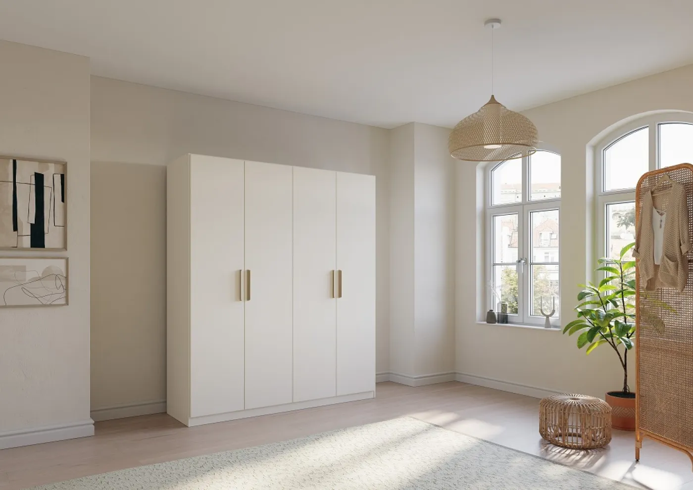 Kleiderschrank Drehtürenschrank Quadra-Spin | 4-türig | alpinweiß | Skandi Eiche | 181x210