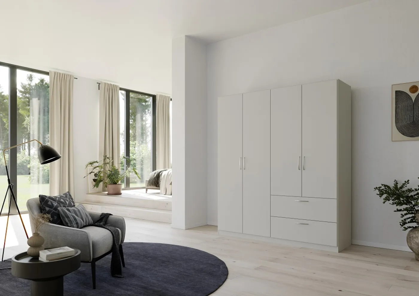 Kleiderschrank Drehtürenschrank Quadra-Spin | 4-türig | mit Schubkästen | seidengrau | 181x210 | Griff Pure