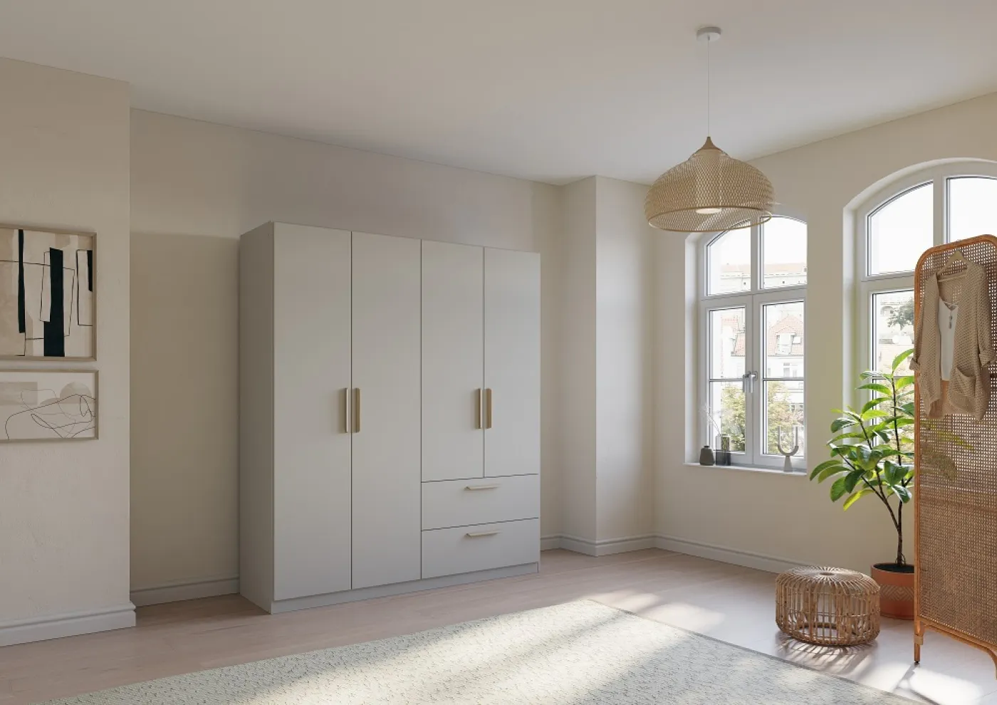 Kleiderschrank Drehtürenschrank Quadra-Spin | 4-türig | mit Schubkästen | seidengrau | 181x210 | Griff Skandi