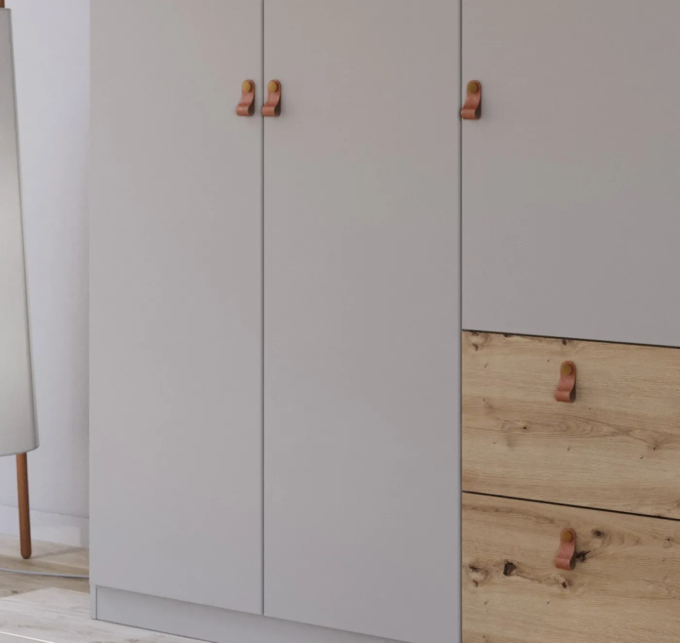 Kleiderschrank Drehtürenschrank Quadra-Spin | 4-türig | mit Schubkästen | seidengrau / Eiche Artisan | 181x210 | Griff Homey