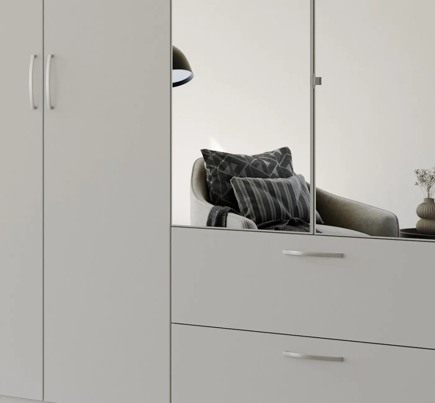 Kleiderschrank Drehtürenschrank Quadra-Spin | 4-türig | mit Spiegelt[ren & Schubkästen | seidengrau | 181x210 | Griff Pure