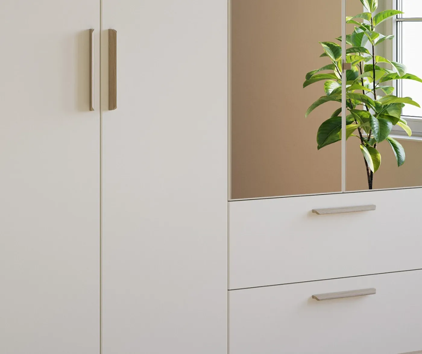 Kleiderschrank Drehtürenschrank Quadra-Spin | 4-türig | mit Spiegeltüren & Schubkästen | alpinweiß | 181x210 | Griff Skandi