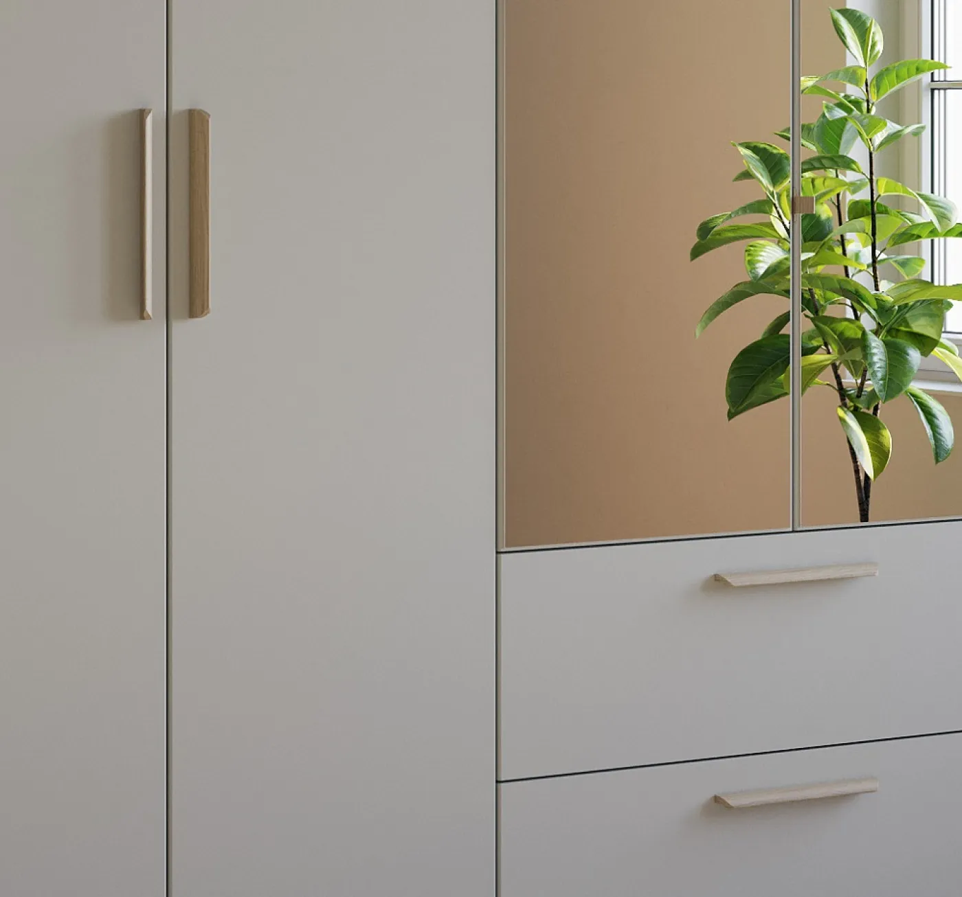 Kleiderschrank Drehtürenschrank Quadra-Spin | 4-türig | mit Spiegeltüren | seidengrau | 181x210 | Griff Skandi