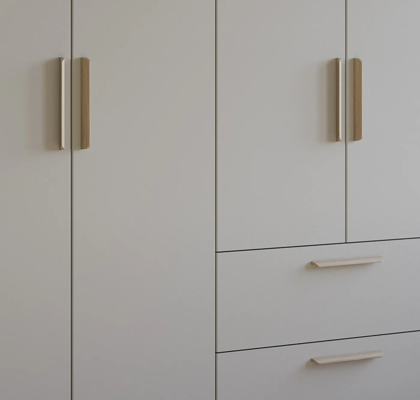 Kleiderschrank Drehtürenschrank Quadra-Spin | 5-türig | mit Schubkästen | seidengrau | 226x210 | Griff Skandi