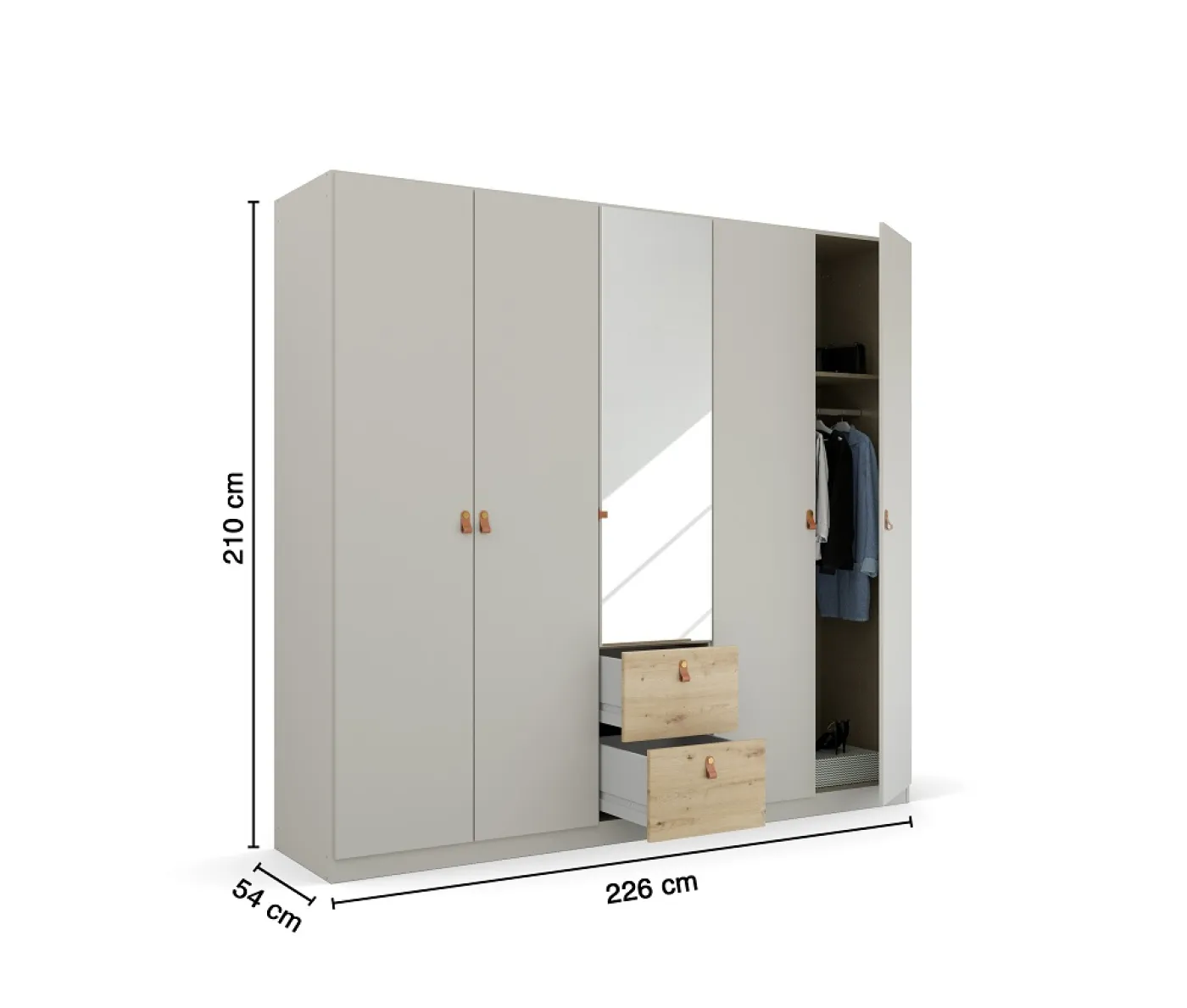 Kleiderschrank Drehtürenschrank Quadra-Spin | 5-türig | mit Spiegeltüren & Schubkästen | seidengrau / Eiche Artisan | 226x210 | Griff Homey